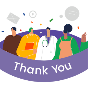 Four individuals representing retail, education, health, and hospitality, wrapped in a purple thank-you ribbon for Aamica's campaign.